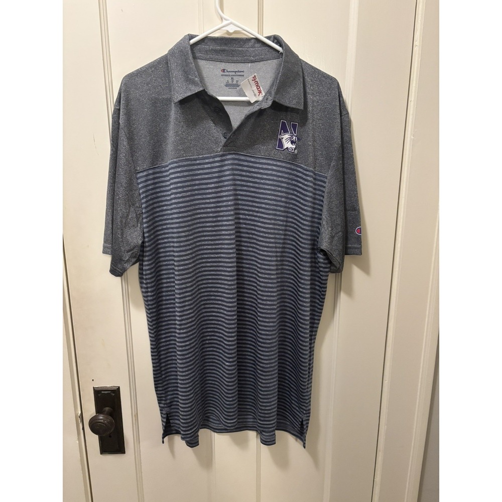 Champion Northwestern Wildcats Mens XL Polo Shirt Gray Navy Striped NCAA New